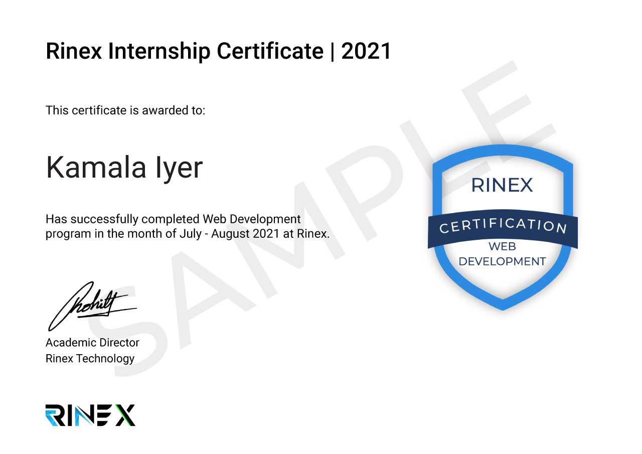 Web Development, Rinex, Internship, Certificate, 2021